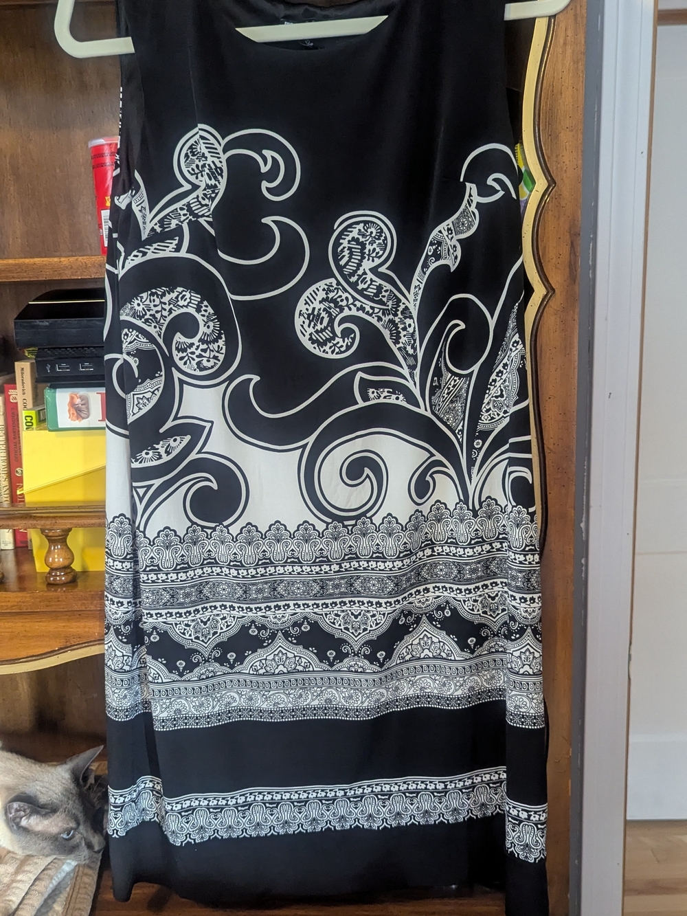 Carole Little Black and White Maxi Dress with Scroll Border Pattern